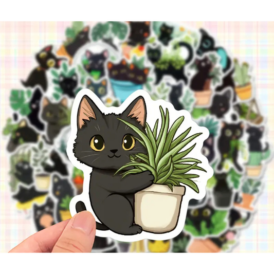 Sticker Pack - Black Cats with Plants - 10 Stickers