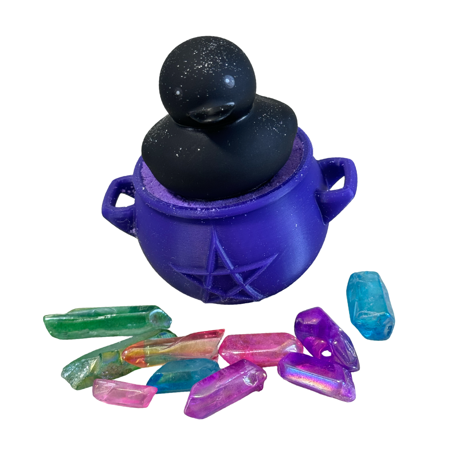 Magic Cauldron Bath Bomb - Color Changing Purple -> Pink 3 D Printed Cauldron - Surprise Crystal Inside and Black Rubber Duck Friend Included - Wild Berry Cheesecake - CHOKING HAZARD AGES 3+ m