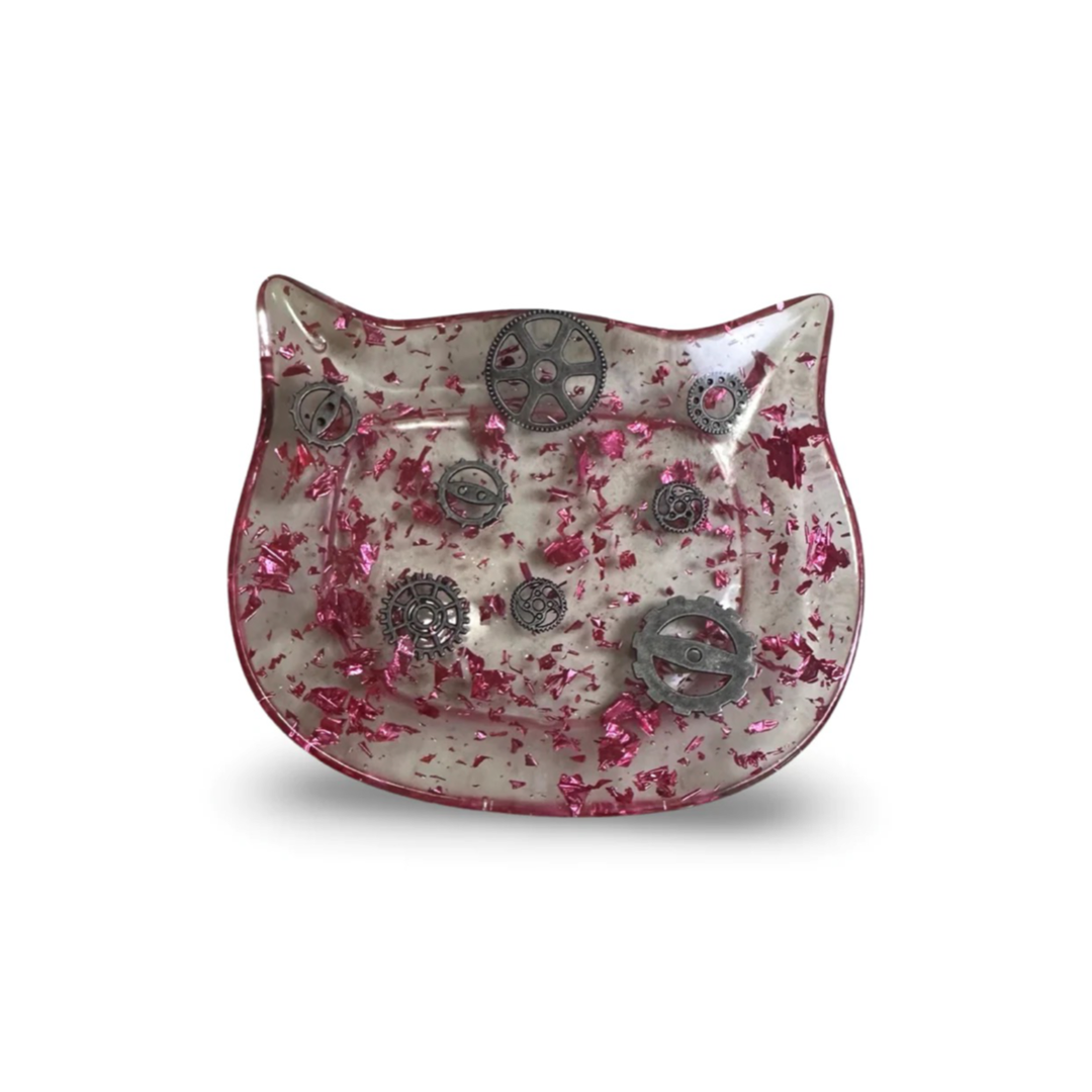 Trinket Resin Dish - Cat Shaped - Clear with Pink Fleck and Gears