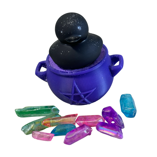 Magic Cauldron Bath Bomb - Color Changing Purple -> Pink 3 D Printed Cauldron - Surprise Crystal Inside and Black Rubber Duck Friend Included - Wild Berry Cheesecake - CHOKING HAZARD AGES 3+ m