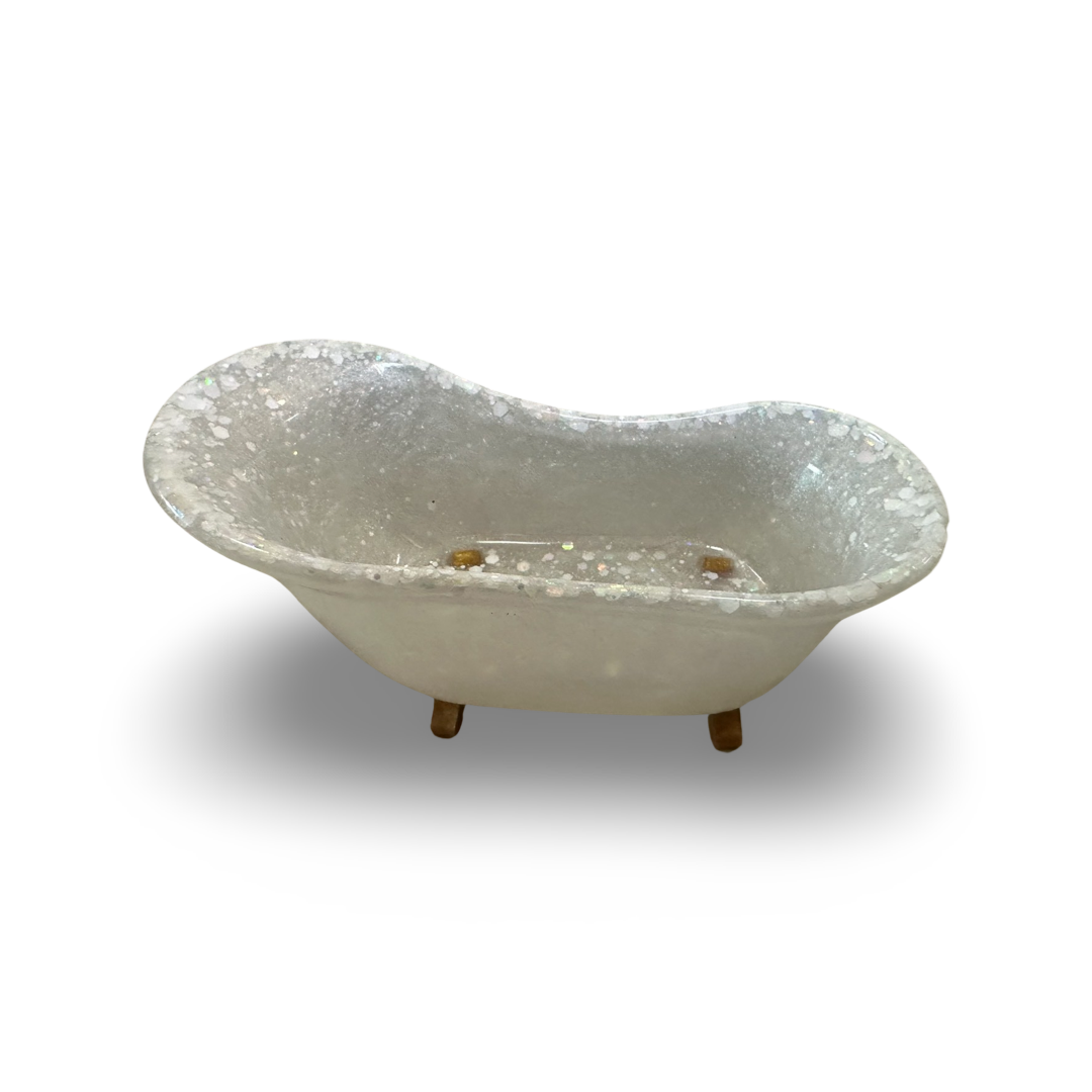 Trinket Resin Dish - Bath Tub Shaped - White with Sparkles