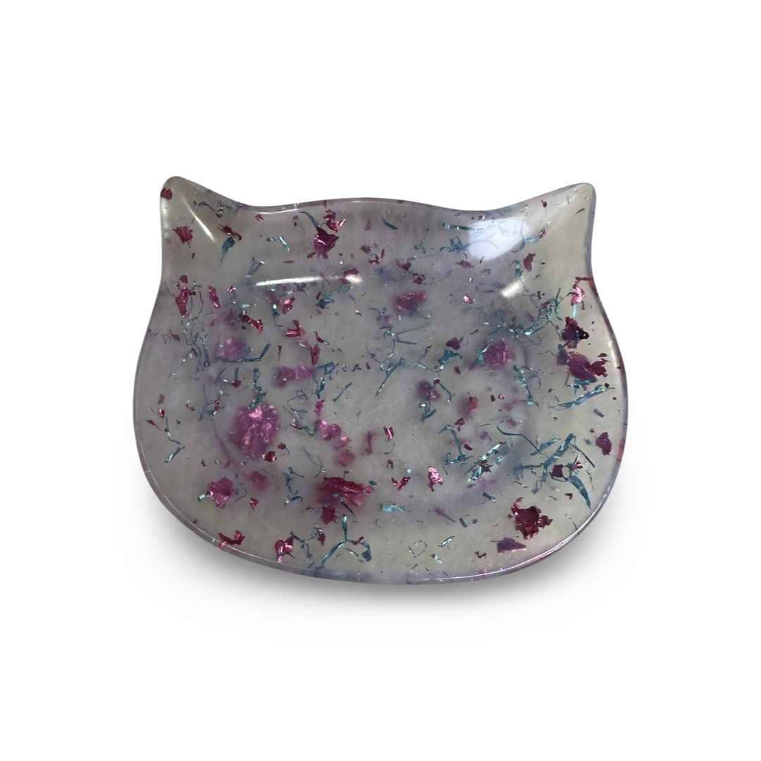 Trinket Resin Dish - Cat Shaped - Clear with Pink & Blue Fleck
